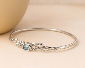 Sterling Silver Blue Topaz Leaf Bangle