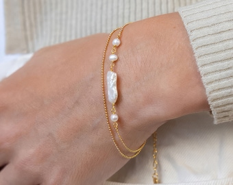 Gold Pearl Bracelet • Freshwater Pearl Double Strand • Adjustable 17–21cm • 18ct Gold Plated Sterling Silver • Gift for Her •