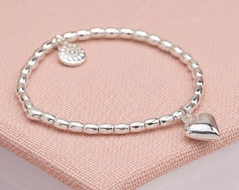Sterling Silver Plated Bead Stretch Bracelet With Puff Heart Charm