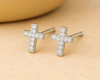 Sterling Silver Cubic Zirconia Cross Stud Earrings