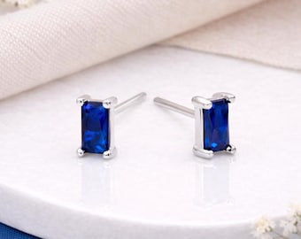 Sterling Silver Sapphire Baguette Stud Earrings – 6mm x 4mm
