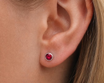 Sterling Silver July Ruby Birthstone Stud Earrings