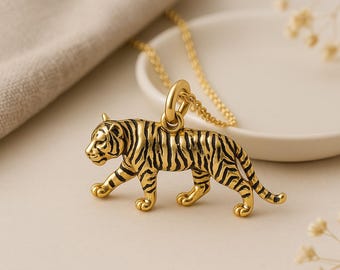 Gold Tiger Pendant • 18ct Gold-Plated Sterling Silver • Personalised Wildlife Necklace • Fierce Jungle Animal Jewellery Gift
