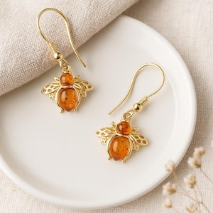 Gold Plated Sterling Silver Baltic Amber Bee Earrings