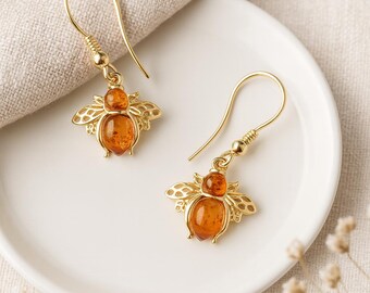 Gold Plated Sterling Silver Baltic Amber Bee Earrings
