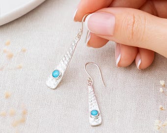 Hammered Sterling Silver Opal Bar Drop Earrings: October Birthstone, 9mm