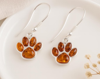 Sterling Silver Baltic Amber Paw Print Drop Earrings – 15mm
