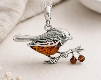 Personalised Sterling Silver Amber Robin Necklace, Genuine Baltic Amber Bird Pendant, 17x32mm