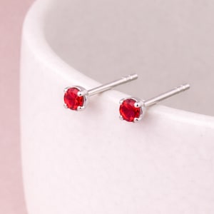 Peut inclure: Une paire de boucles d'oreilles à clous avec des pierres précieuses rouge vif serties dans du métal argenté. Les boucles d'oreilles sont rondes et reposent sur une surface blanche. Les clous sont petits et délicats.