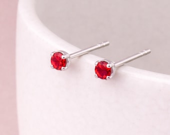 Sterling Silver Red Ruby Micro Stud Earrings – 3mm