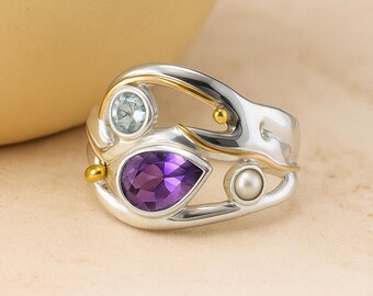 Molten Sterling Silver, Blue Topaz, Amethyst and Freshwater Pearl Ring
