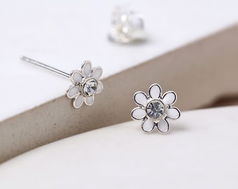 Tiny Sterling Silver White Flower Stud Earrings