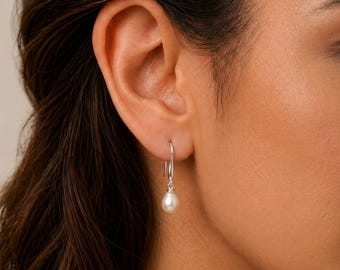 White Freshwater Pearl Drop Earrings in Sterling Silver