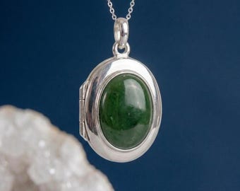 Personalised Nephrite Jade Photo Locket Necklace in Sterling Silver