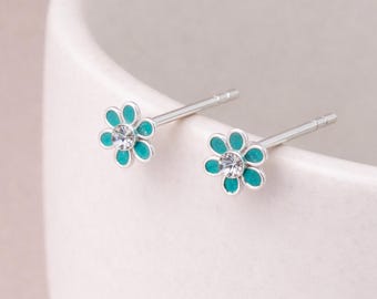 Sterling Silver Emerald Green Forget Me Not Flower Stud Earrings – 5mm