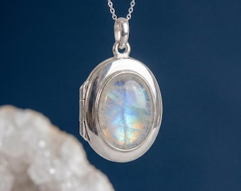 Personalised Rainbow Moonstone Photo Locket Necklace in Sterling Silver