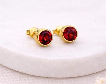 Gold Plated Sterling Silver July Ruby Birthstone Stud Earrings – 7mm