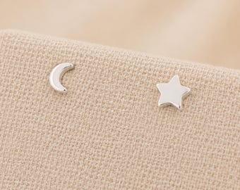 5mm Sterling Silver Mismatched Moon And Star Stud Earrings