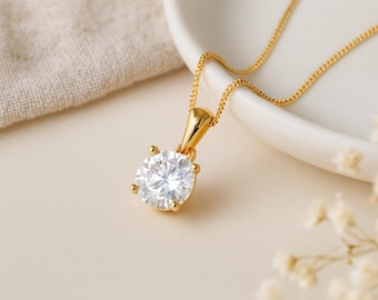 Cubic Zirconia Drop Pendant • Natural April Birthstone • Personalised 9ct Yellow Gold Dainty Gemstone Necklace Charm • Birthday Gift for Her