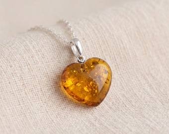 Personalised Baltic Amber Heart Pendant Necklace In Sterling Silver