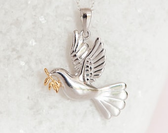 Dove Pendant • Sterling Silver & Gold-Plated Olive Branch • Peace Symbol Charm Necklace • Personalised Meaningful Gift Jewellery