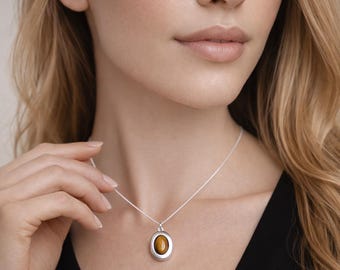 Personalised Sterling Silver Gold Tigers Eye Gemstone Locket Necklace With Photos