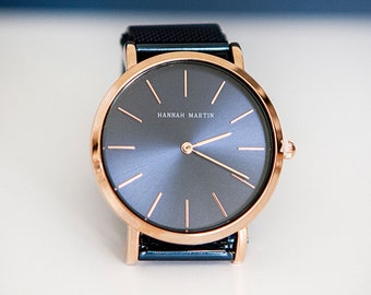 Personalised Denim Blue and Rose Gold Watch