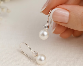Sterling Silver White Freshwater Pearl Drop Earrings: Bridal Jewellery – 6mm