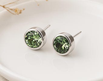 Peridot CZ Stud Earrings • Sterling Silver Green Studs • August Birthstone Gift • Minimal Earrings • Gift for Her •