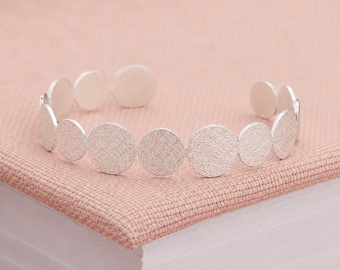 Adjustable Sterling Silver Plated Dappled Disc Open Cuff Bangle