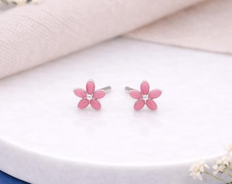 Sterling Silver Pink Forget Me Not Micro Stud Earrings – 4mm