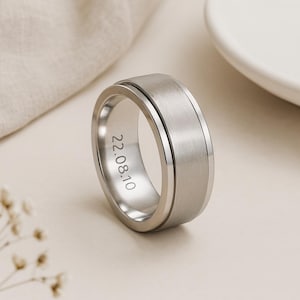 Mens Personalised Brushed Stainless Steel Wide Spinner Ring – 8mm
