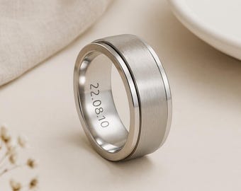 Mens Personalised Brushed Stainless Steel Wide Spinner Ring – 8mm