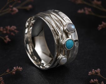 Personalised Sterling Silver Turquoise, Moonstone and Pearl Spinner Ring