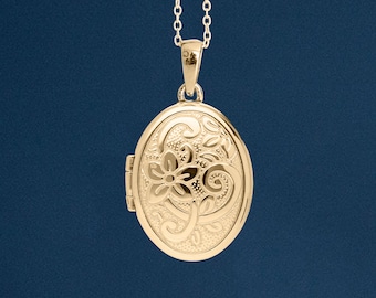 Personalised Solid 9ct Gold Oval Embossed Flower Locket