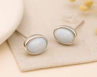 White Opal Stud Earrings • Sterling Silver Oval Earrings • October Birthstone Gift • Dainty Opal Jewellery • Gift for Her •