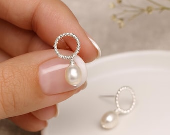 Sterling Silver White Freshwater Pearl Stud Drop Earrings – 8mm