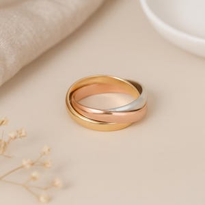 Russian Rolling Wedding Ring • 3 Band Interlocking Ring in Silver, 18ct Yellow & Rose Gold • Trio Band Ring • Gift for Her •