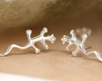 Gecko Stud Earrings in Sterling Silver, Lizard Stud, Cute Animal Earrings, Nature Inspired Earrings, Climbing Gecko
