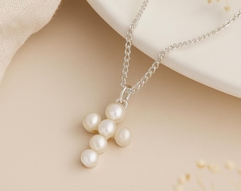 Pearl Cross Necklace • Freshwater Pearl & Sterling Silver • Personalised Faith Jewellery Gift • Christian Symbol Pendant • Religious Charm