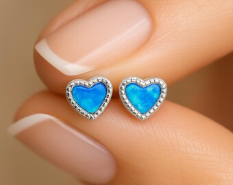 Sterling Silver Blue Opal Heart Stud Earrings