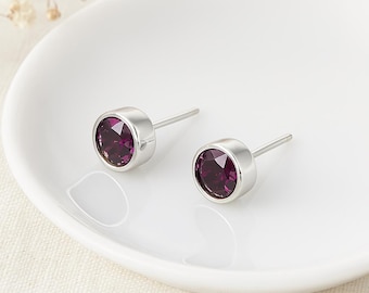 Amethyst Stud Earrings • Sterling Silver February Birthstone Studs • Purple CZ Jewellery • Gift for Her • 7mm Gemstone Studs •