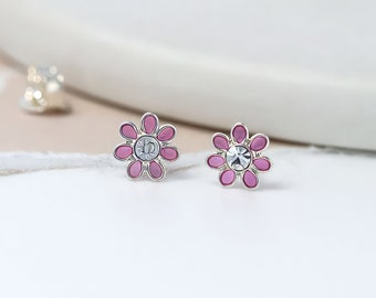 Tiny Sterling Silver Pink Flower Stud Earrings