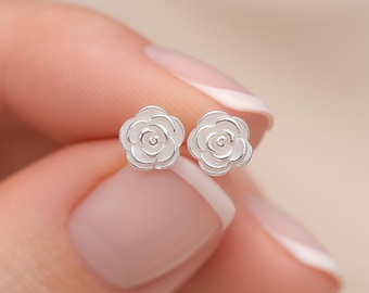 Sterling Silver Rose Flower Stud Earrings
