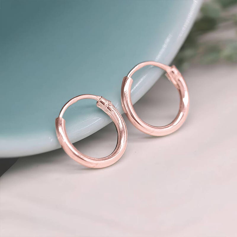 thumbnail image 2 of 18ct Rose Gold On Sterling Silver Hinged Sleeper Hoop Earrings – 6mm To 12mm (UK Hallmarked) 2 of 3