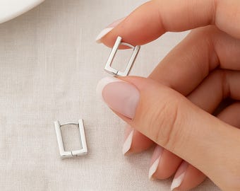 Sterling Silver Rectangle Huggie Hoop Earrings, 15mm