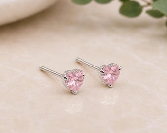 Sterling Silver Pink Cubic Zirconia Heart Stud Earrings