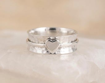 Personalised Heart Spinner Ring In Hammered Sterling Silver