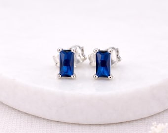 Sterling Silver Sapphire Baguette Stud Earrings – 6mm x 4mm