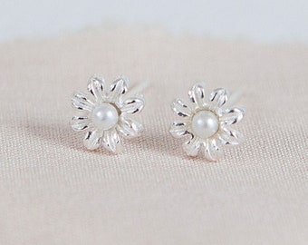 Tiny Sterling Silver and Pearl Daisy Stud Earrings